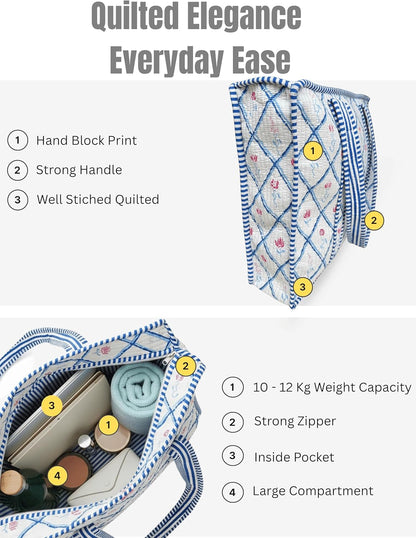 Cotton Quilted Tote Bag for Women – Large Beach & Travel Tote with Zipper, Reusable Grocery Bag