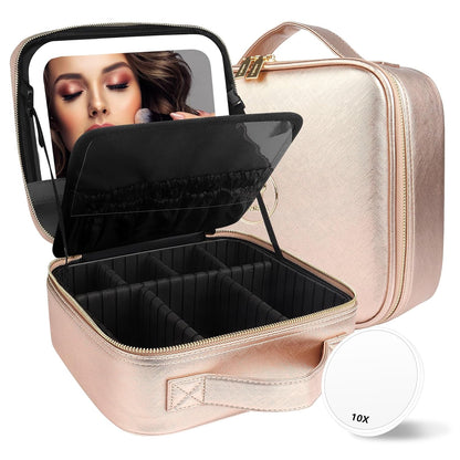 MOMIRA Travel Makeup Bag Cosmetic Bag Makeup Organizer Bag with Lighted Mirror, Adjustable Brightness in 3 Color Scenarios, Waterproof Makeup Train Case, Gift for Women - Champagne