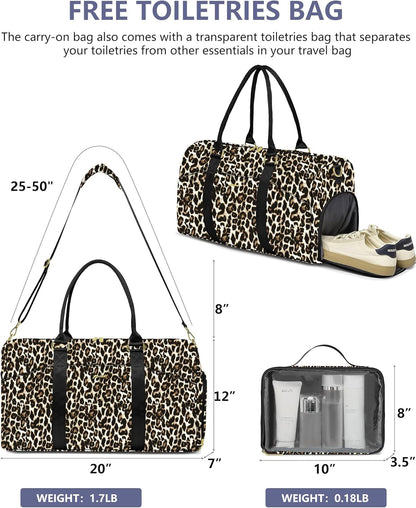 Women Duffle Weekender Travel Bag: Large Duffel Bags with Shoe Compartment Carry On Overnight Tote Bag with Wet Pocket Toiletry Bag Traveling Weekend Gym Yoga Hospital Bags for Womens Brown Leopard