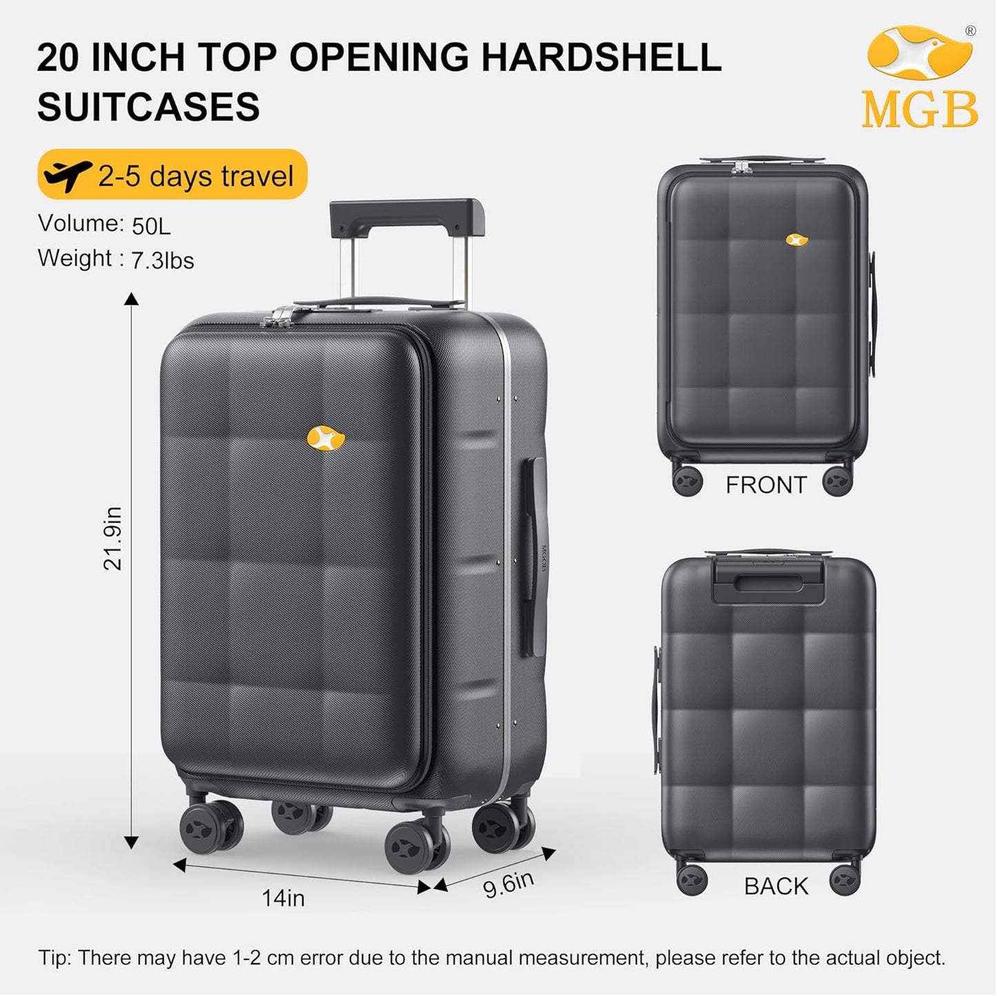 MGB 20 Inch Top Open Carry On Luggage 22x14x9 Airline Approved, Hard Shell Carry On Suitcase with Spinner Wheels, Travel Small Luggage Built-in TSA Lock for Women Men Gifts (Charcoal Grey)