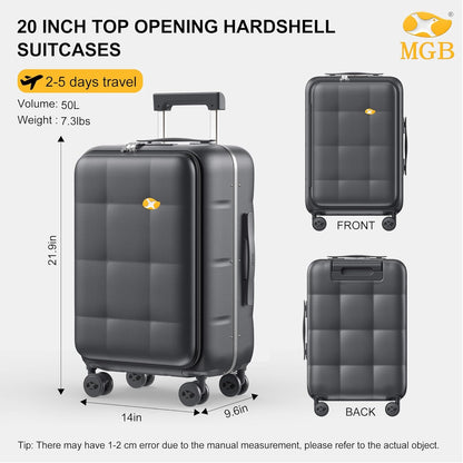 MGB 20 Inch Top Open Carry On Luggage 22x14x9 Airline Approved, Hard Shell Carry On Suitcase with Spinner Wheels, Travel Small Luggage Built-in TSA Lock for Women Men Gifts (Charcoal Grey)