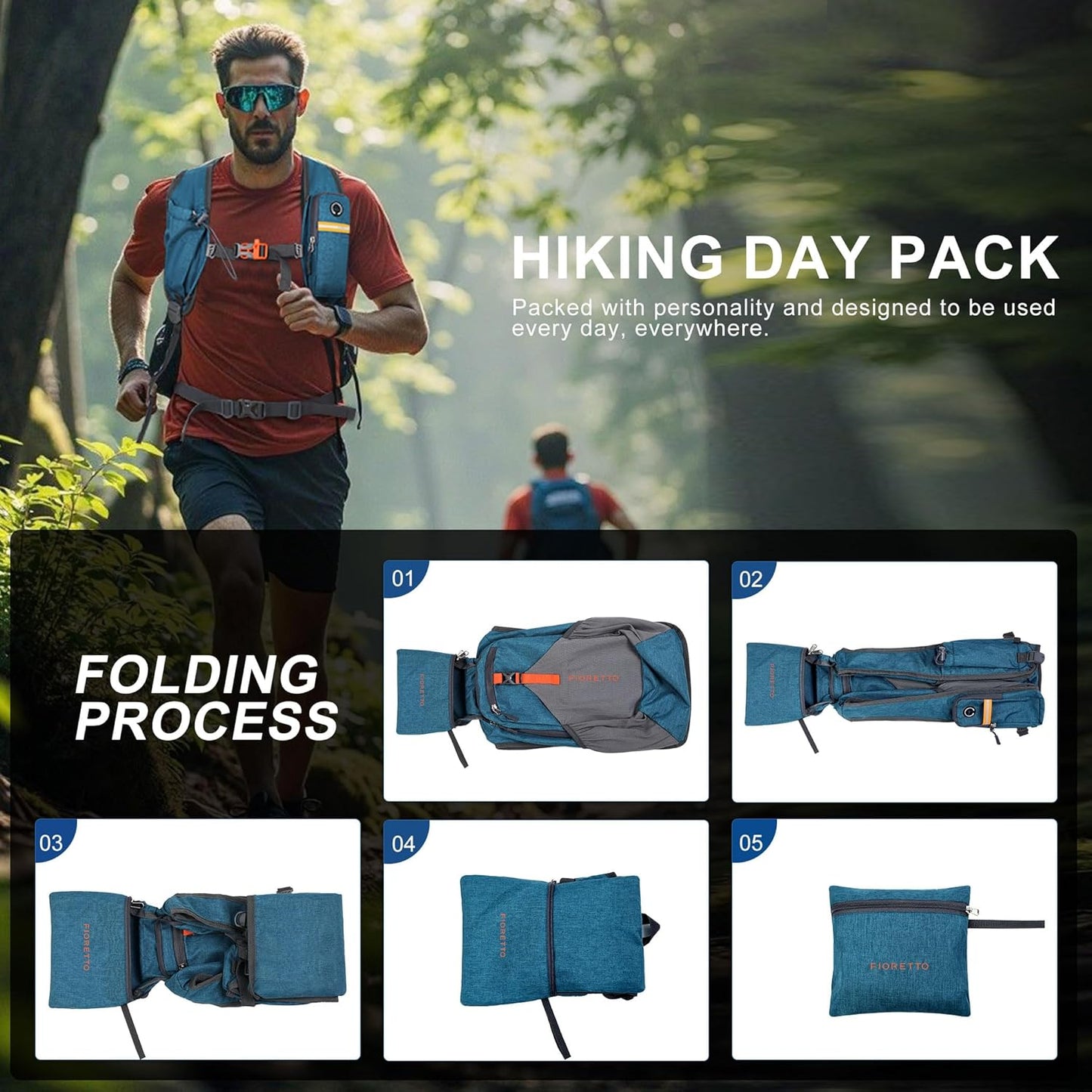 FIORETTO 20L Hiking Backpack for Women Men Mini Packable Backpack Lightweight Small Daypack for Camping Travel Outdoor, Turquoise