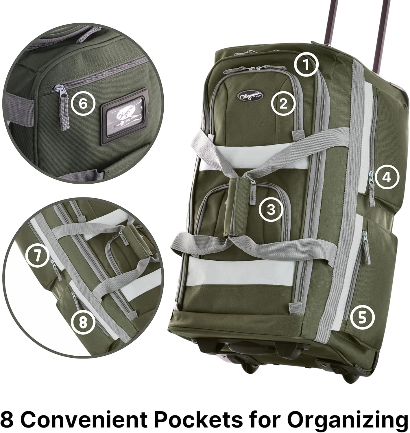 Olympia U.S.A. 29 inch Jumbo Size 8 Pockets Wheeled Rolling Duffel Bag Water Resistant Luggage Lightweight Travel Suitcase with Retractable Handle