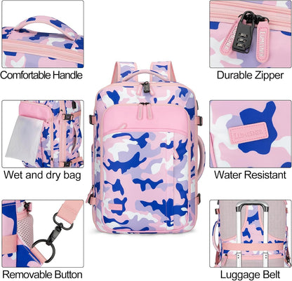 Travel Backpack 42L Carry on Backpack Flight Approved Expandable Travel Backpack Carry on Backpack Luggage Daypack (Pink Camouflage)