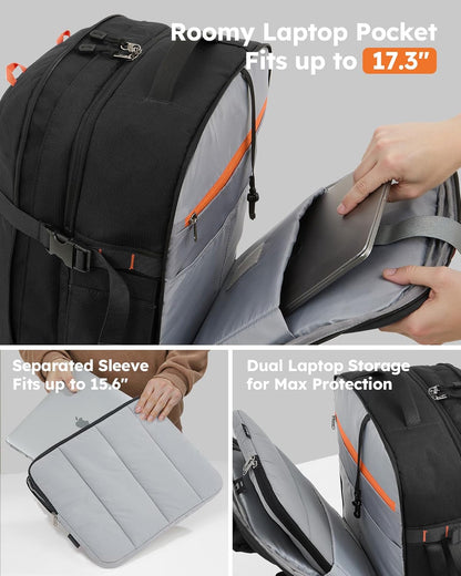 Tolaccea Travel Laptop Backpack, TSA Flight Approved Carry On Travel Duffel Backpack, Dual Laptop Storage for 17.3" and 15.6" Laptop, Large Luggage Backpack 40-45L Expandable for Men Women (Black)