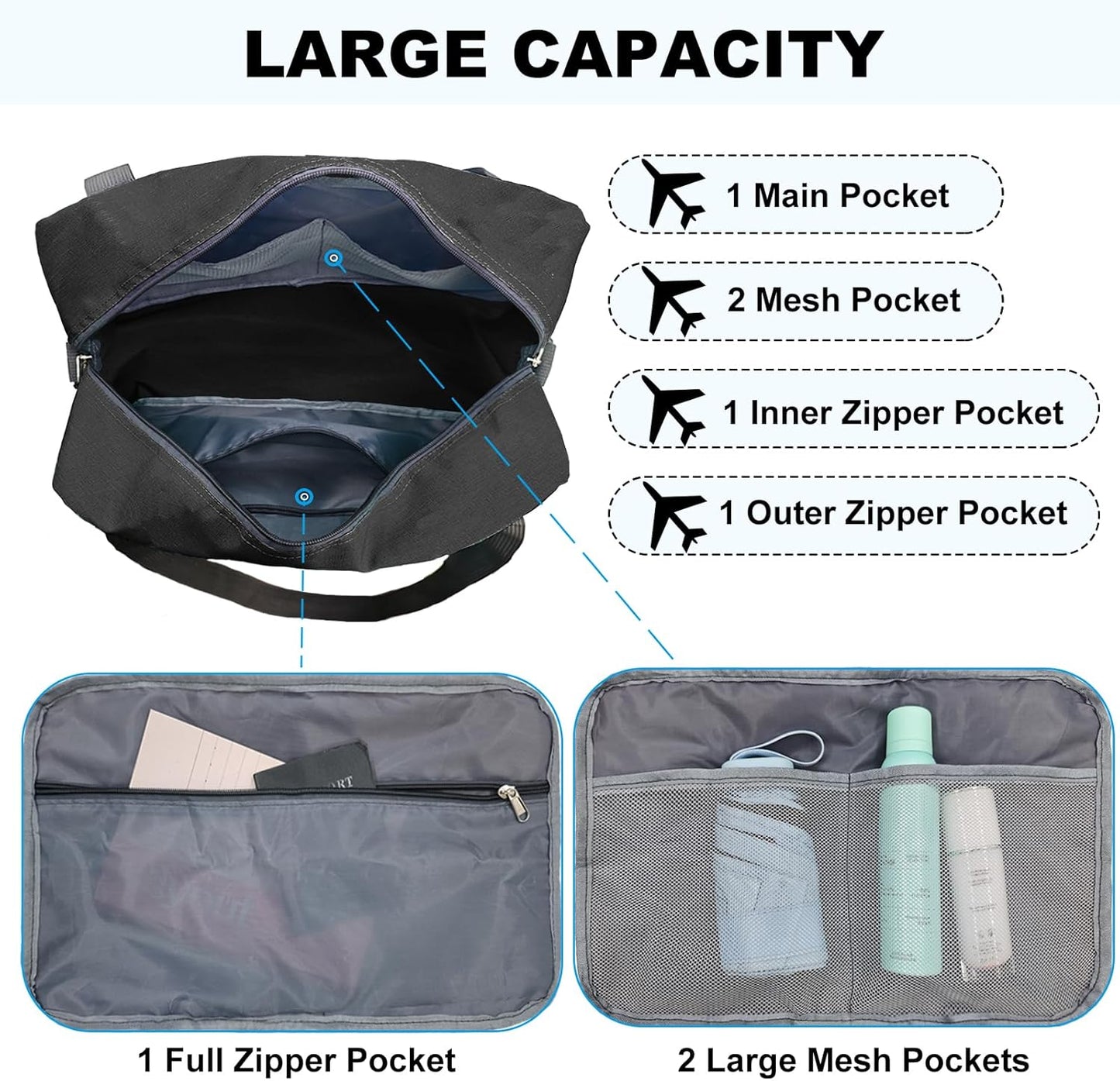 For Spirit Airlines Personal Item Bag 18x14x8 in Underseat Carry-on Luggage foldable Travel Duffle Bag for Airplanes(30L, Black)