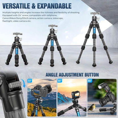 Carbon Fiber Travel Tripod with 360° Ball Head, Mini Desktop Tripod for DSLR Camera, Folded Height 10.6", Max Height 14.5″, Max Load 10kg/22lbs