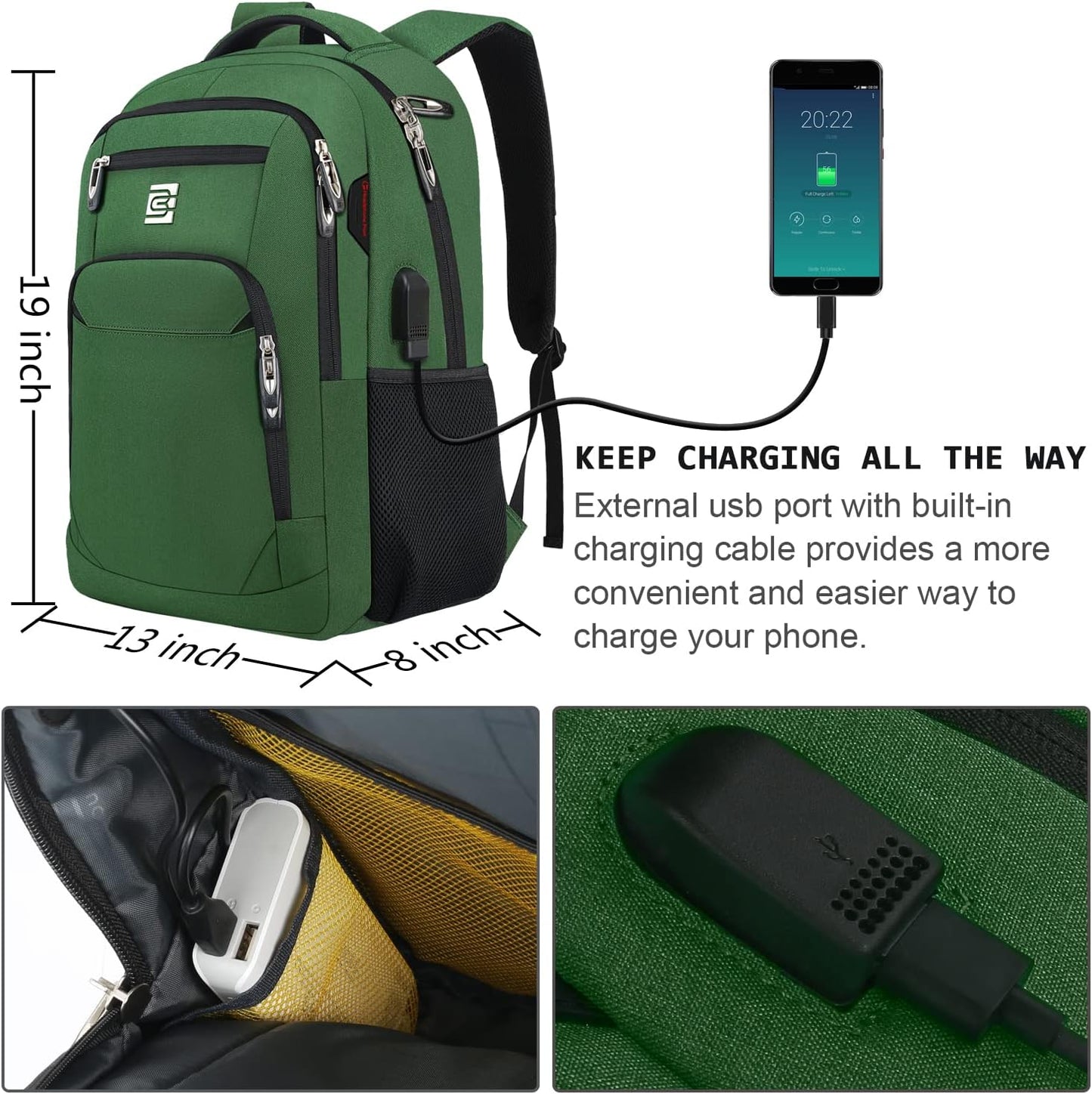 Laptop Backpack,Business Travel Anti Theft Slim Durable Laptops Backpack with USB Charging Port,Water Resistant College Computer Bag for Women & Men Fits 15.6 Inch Laptop and Notebook-Green
