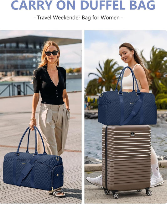 Weekender Travel Duffle Bag for Women - Carry on Bag with Shoe Compartment Overnight Bags with Toiletry Bag Wet Pocket Weekend Traveling Yoga Gym Hospital Bags for Labor and Delivery Blue