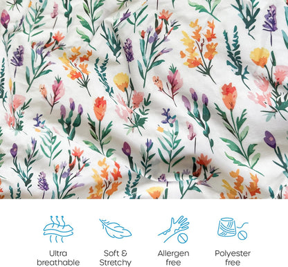 Quiggly Travel Crib Sheets for Guava Lotus, 2 Pack Organic Cotton Jersey Knit, Vibrant Floral Patterns - Fits Mattresses for Boys & Girls (Travel Crib, Wildflower Dreamin')