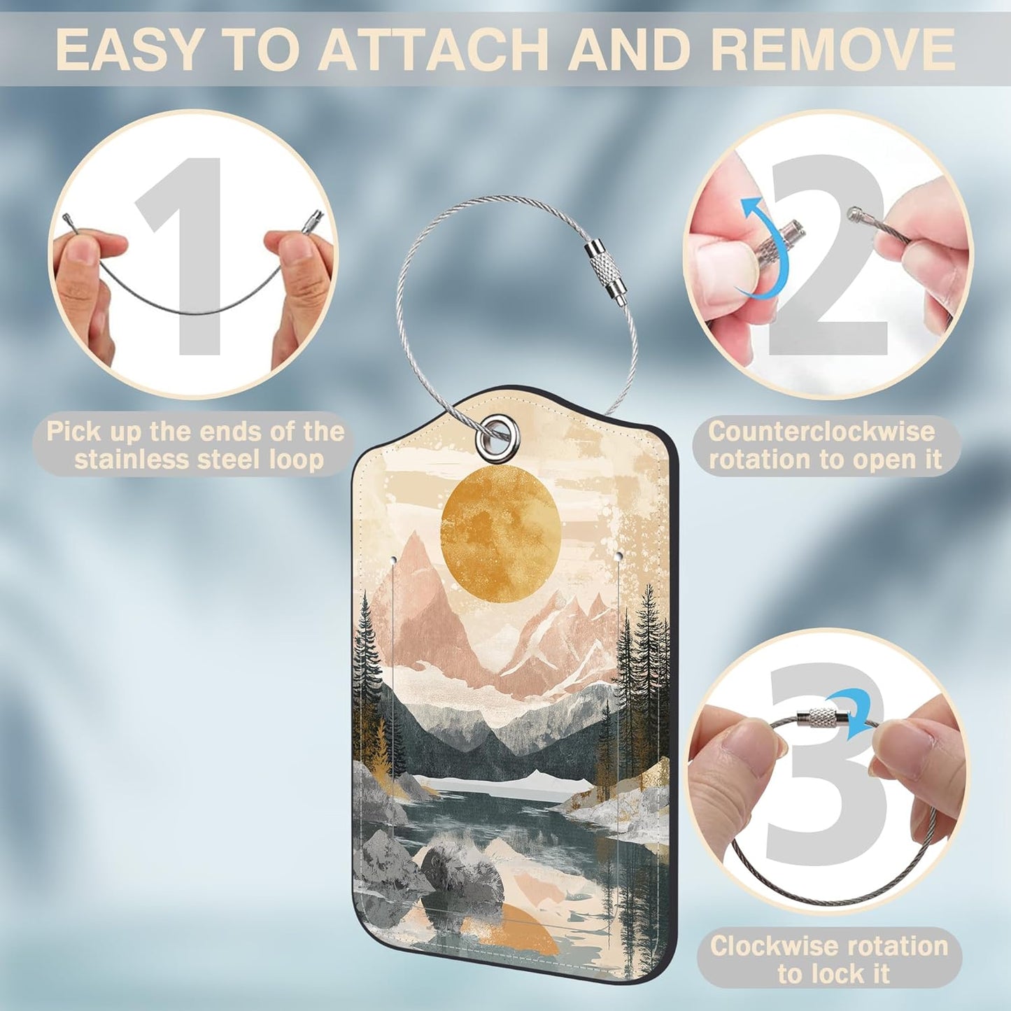 2 Pack Luggage Tags for Suitcases Abstract Pink Mountain Sun Landscape Leather Luggage Tags Privacy Cover ID Label with Stainless Steel Loop and Address Card for Women Men Travel Bag Backpack