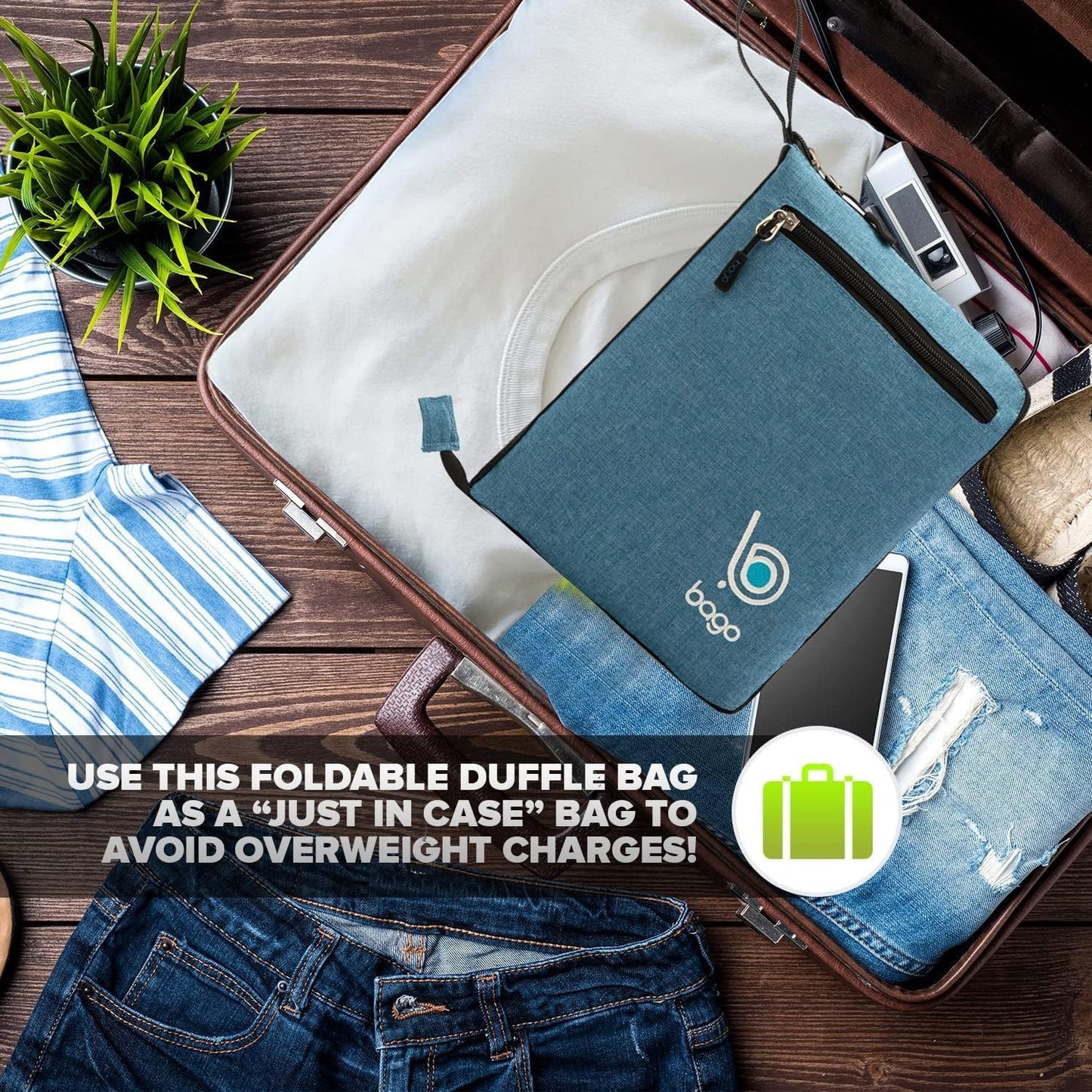 Bago Large Foldable Duffel Bags for Traveling Women & Men - 80L Packable Duffle Bag for Travel with Shoe Compartment - Water Repellant, Heavy Duty, Lightweight Folding & Collapsible (SnowBlue)