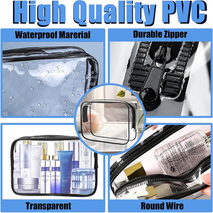 12 Pcs Clear Toiletry Bag PVC Waterproof Zippered PVC Cosmetic Makeup Carry Pouch TSA Approved Toiletry Bag for Travel Clear Organizer Storage Bags (Medium, Black)