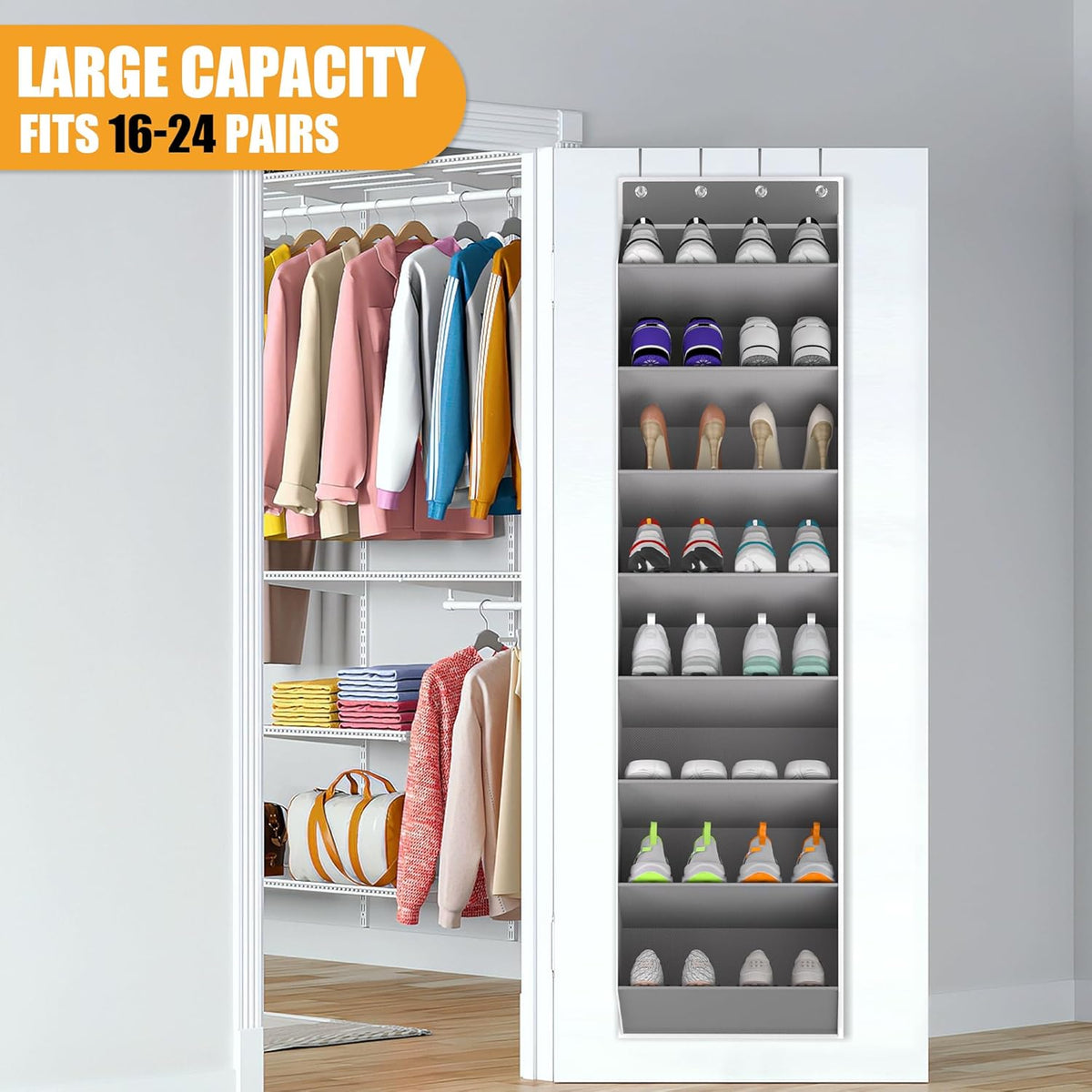 Over The Door Shoe Organizer Storage Fit 16-24 Pairs Hanging Shoe Rack Organiser for Closet Door, Deep Pocket Shoe Holder for Sneakers,Boots Storage(1 Pack Gray)
