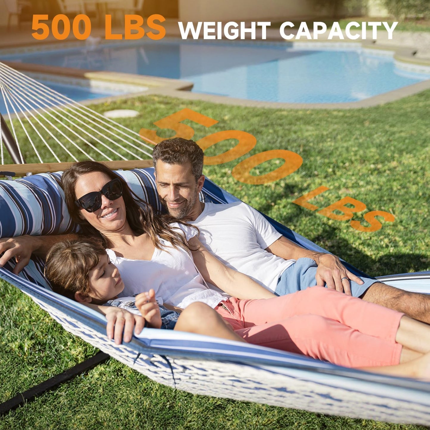 2 Person Outdoor Hammock with Stand, Cotton Rope Hammock with Polyester Pad, Adjustable Steel Frame, Portable with Carrying Bag – for Patio, Backyard, Garden, Beach, Blue