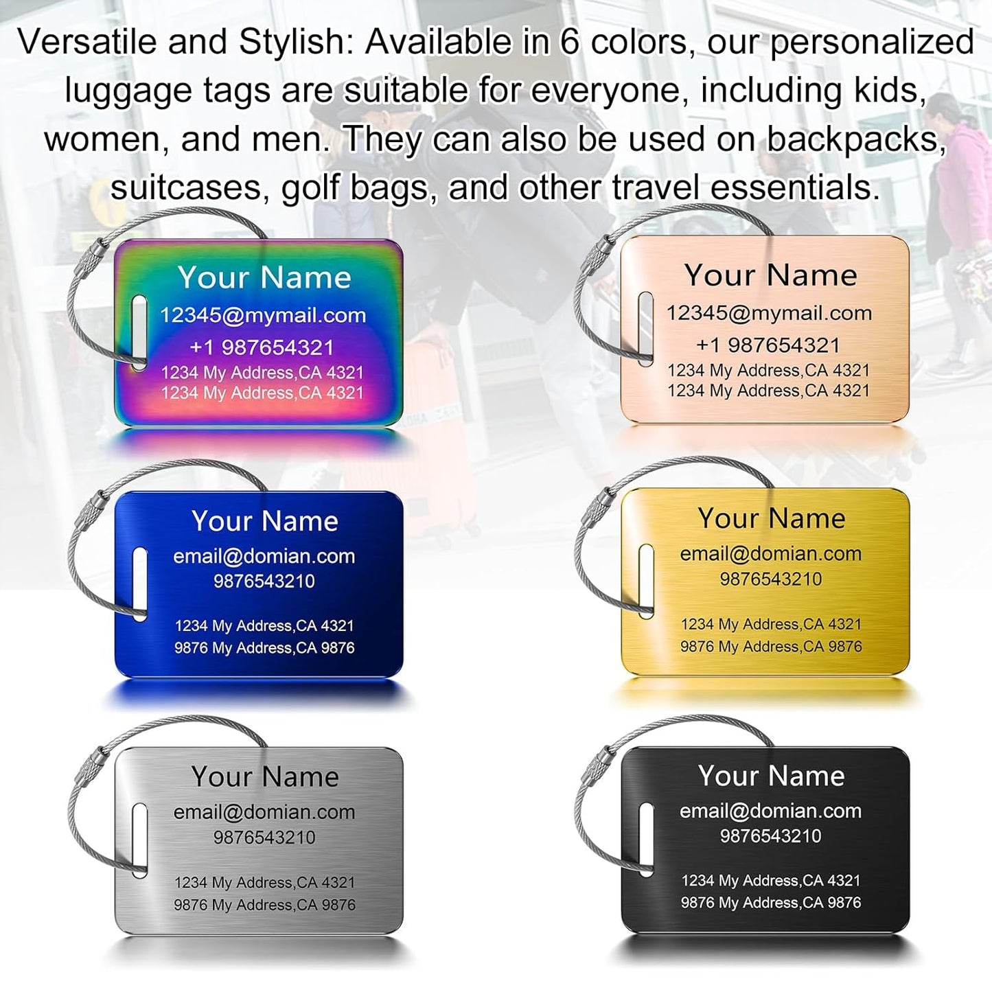 Stainless Steel Personalized Luggage Tags for Suitcases - Custom Name ID Travel Tags for Luggage, Backpacks and Bags - Metal Travel Essentials Accessories for Kids, Women and Men - Bulk Set (2 Pack)