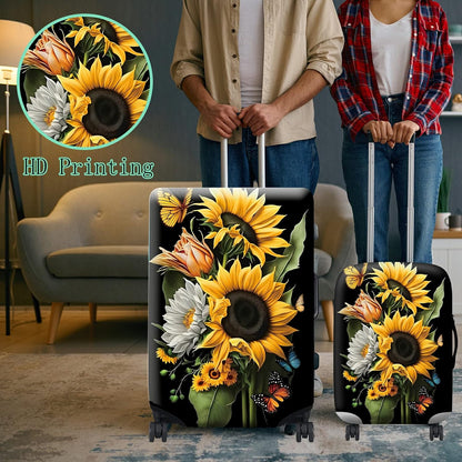 Suitcase Protector Plus 1 Luggage Tag, Sunflower Orchids Travel Cover for 26-28 inch Luggage with Concealed Zipper, Washable Elastic Cloth, Dustproof, Anti-Scratch