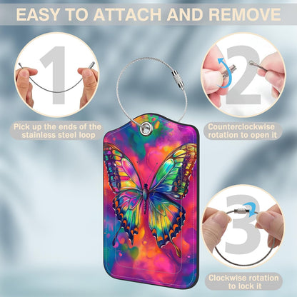 2 Pack Luggage Tags for Suitcases Colorful Butterfly Leather Luggage Tags Privacy Cover ID Label with Stainless Steel Loop and Address Card for Women Men Travel Bag Backpack