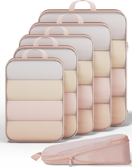 Veken 6/9/11 Set Compression Packing Cubes for Travel Essentials,Compressible Expandable Large Luggage Suitcase Organizer Bags for Clothing,Durable Space Saver Storage Bags(Beige)
