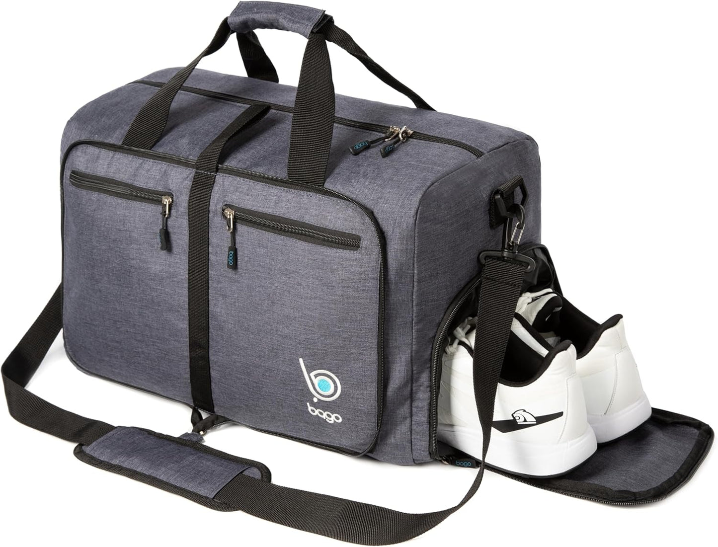 Bago Foldable Duffel Bags for Traveling Women & Men - 60L Medium Packable Duffle Bag for Travel with Shoe Compartment - Water Repellant, Heavy Duty, Lightweight Folding & Collapsible (SnowBlack)