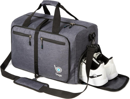 Bago Foldable Duffel Bags for Traveling Women & Men - 60L Medium Packable Duffle Bag for Travel with Shoe Compartment - Water Repellant, Heavy Duty, Lightweight Folding & Collapsible (SnowBlack)