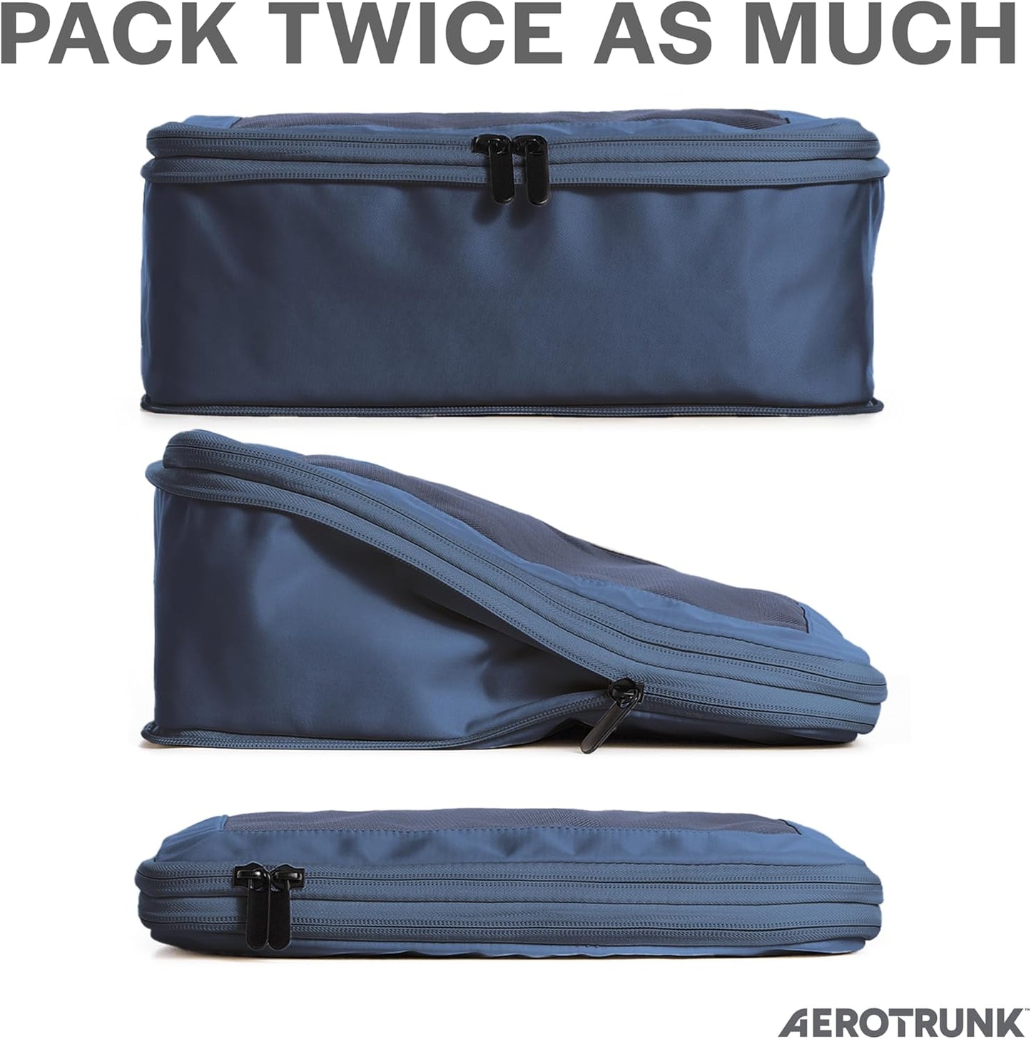 Aerotrunk Compression Packing Cubes for Travel - Luggage Organizer Bags - Double Zipper Packing Cubes for Suitcases (4-Pack, Dark Blue)