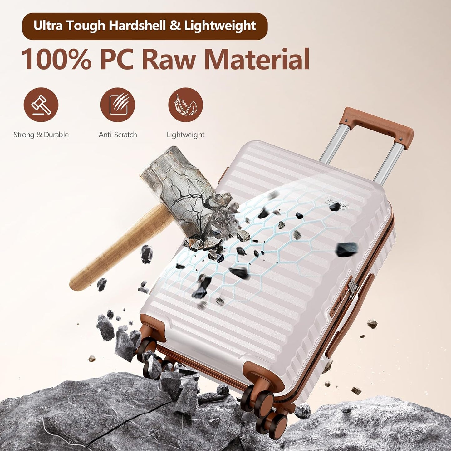 SHOWKOO Suitcase Hardside Expandable Luggage Set, Suitcase with Double Spinner Wheels TSA Lock 3 Piece Set Beige White (DB/TB/28in)