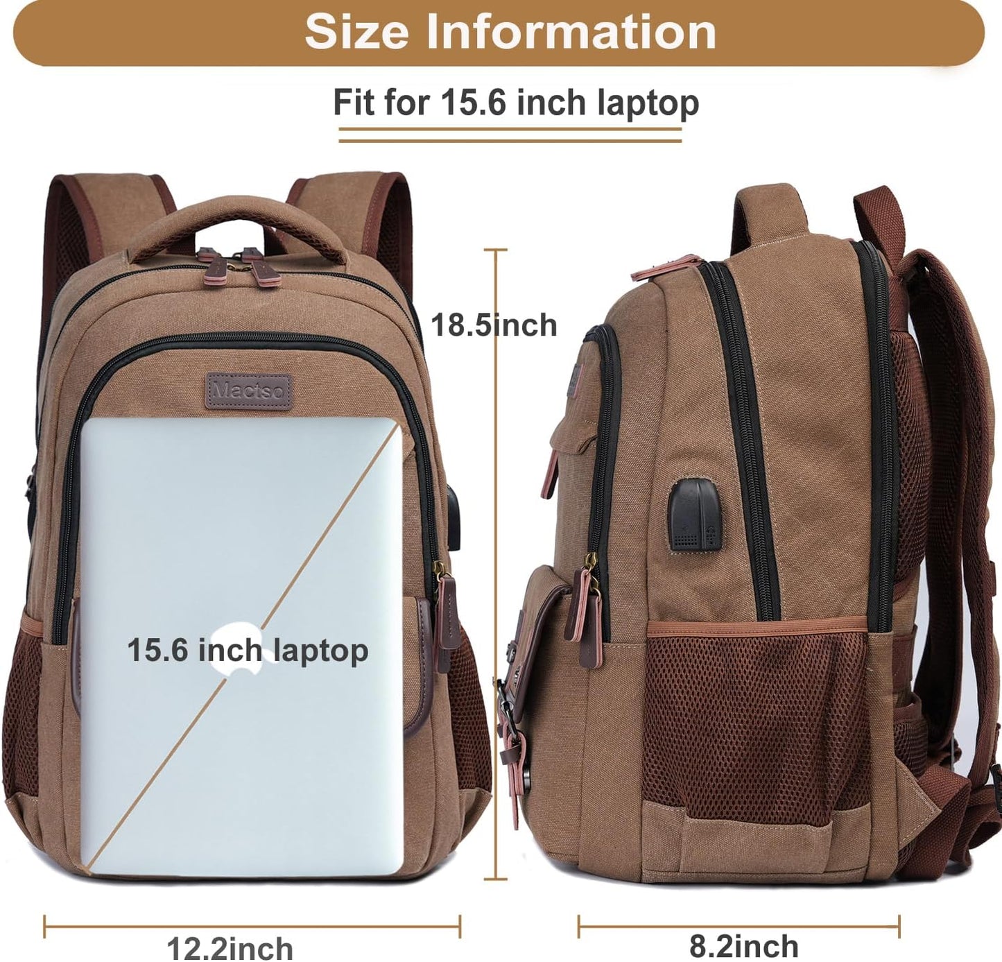 Mactso Canvas Travel Laptop Backpack for Men Women, Business Work Rucksack College School Computer Bag Fits 15.6 Inch Notebook,Bookbag with USB Charging Port (Coffee, 15.6 Inch)