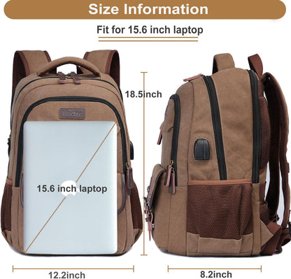 Mactso Canvas Travel Laptop Backpack for Men Women, Business Work Rucksack College School Computer Bag Fits 15.6 Inch Notebook,Bookbag with USB Charging Port (Coffee, 15.6 Inch)