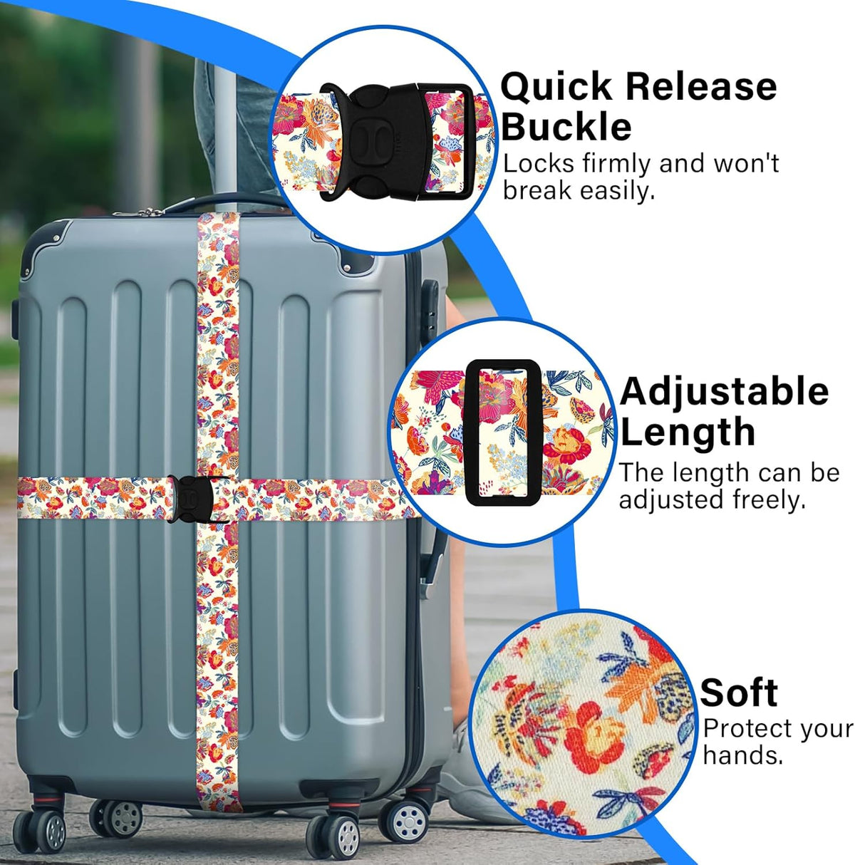 Luggage Straps for Suitcases, Travel Adjustable Belt with Quick Release Buckle, Heavy Duty Nylon Bag Packing Strap, Unique Bright Identifiers Business Travel Accessories (2 Pack) - Rose Flowers
