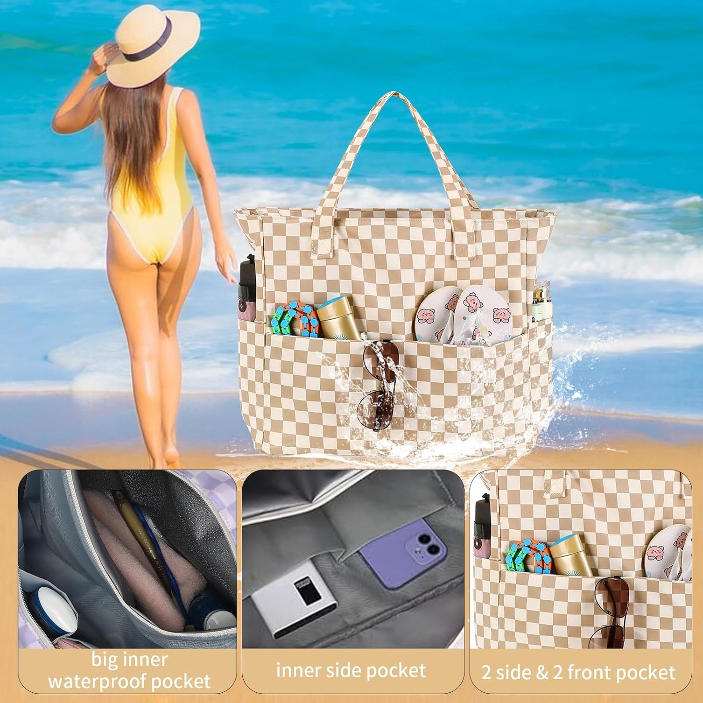 LEDAOU Large Beach Tote Bag Women Waterproof Sandproof Zipper Beach Tote Bag for Pool Gym Grocery Travel with Wet Pocket