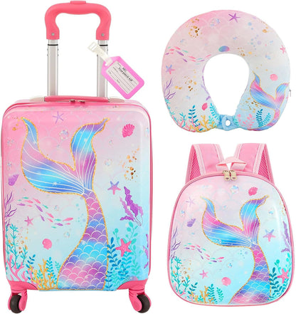 Sanwuta 4 Pcs Kids Luggage Set Kids Backpack Travel Rolling Suitcase with Wheels U-shape Pillow Childrens Gift for Girls Boys(17 Inch,Mermaid's Tail Style,Blue Purple)