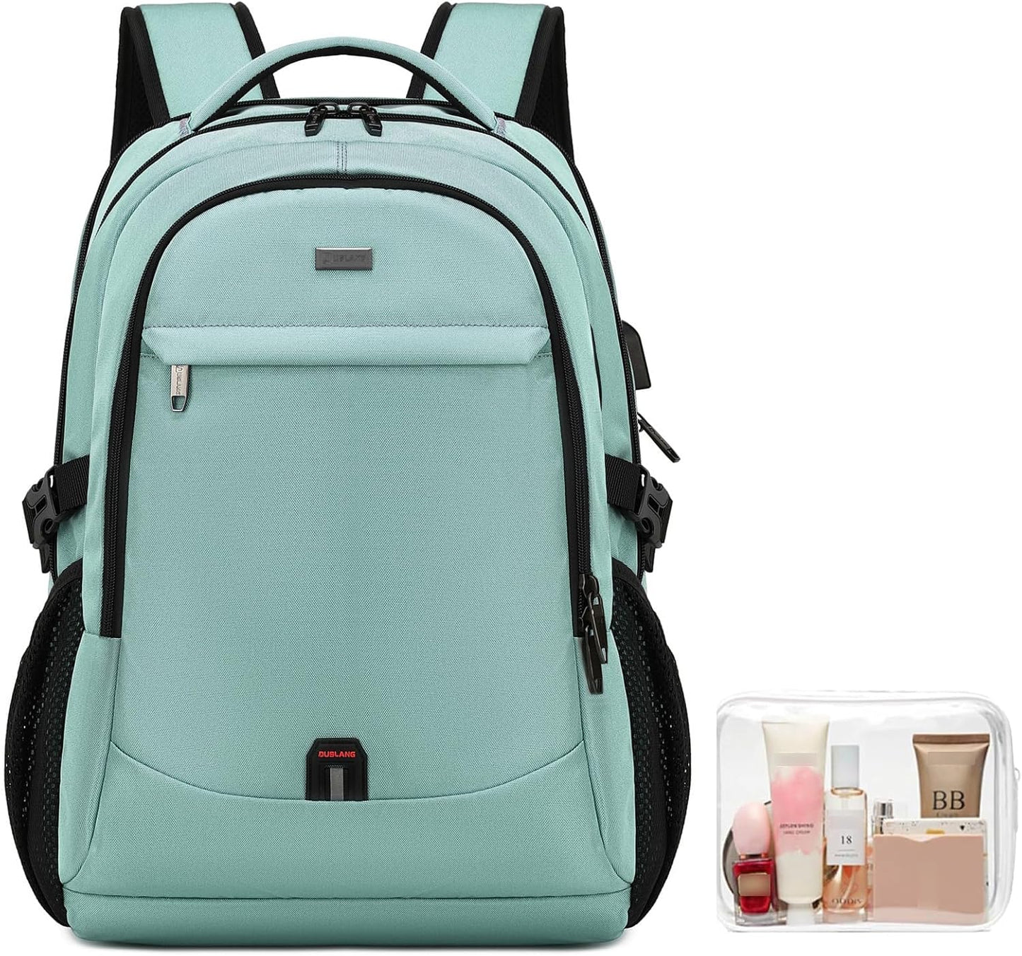 DUSLANG 17 Inch Laptop Backpack for Travel Water Resistant College Backpack for Men/Women Laptop Bag with USB Charging Port and Clear Cosmetic Toiletry Bag, Green A
