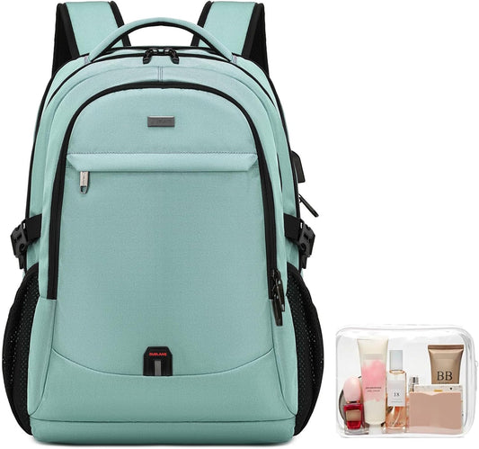 DUSLANG 17 Inch Laptop Backpack for Travel Water Resistant College Backpack for Men/Women Laptop Bag with USB Charging Port and Clear Cosmetic Toiletry Bag, Green A