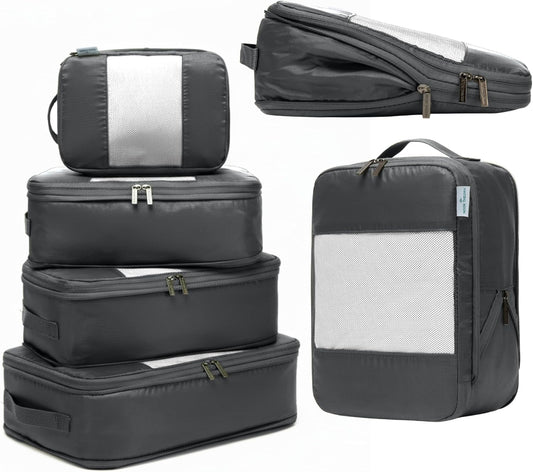 6-Pack Compression Packing Cubes Travel Essentials - Lightweight, Water-Resistant Luggage Organizer Bags with Handles, Durable Travel Accessories Suitcase Organizer (Charcoal)