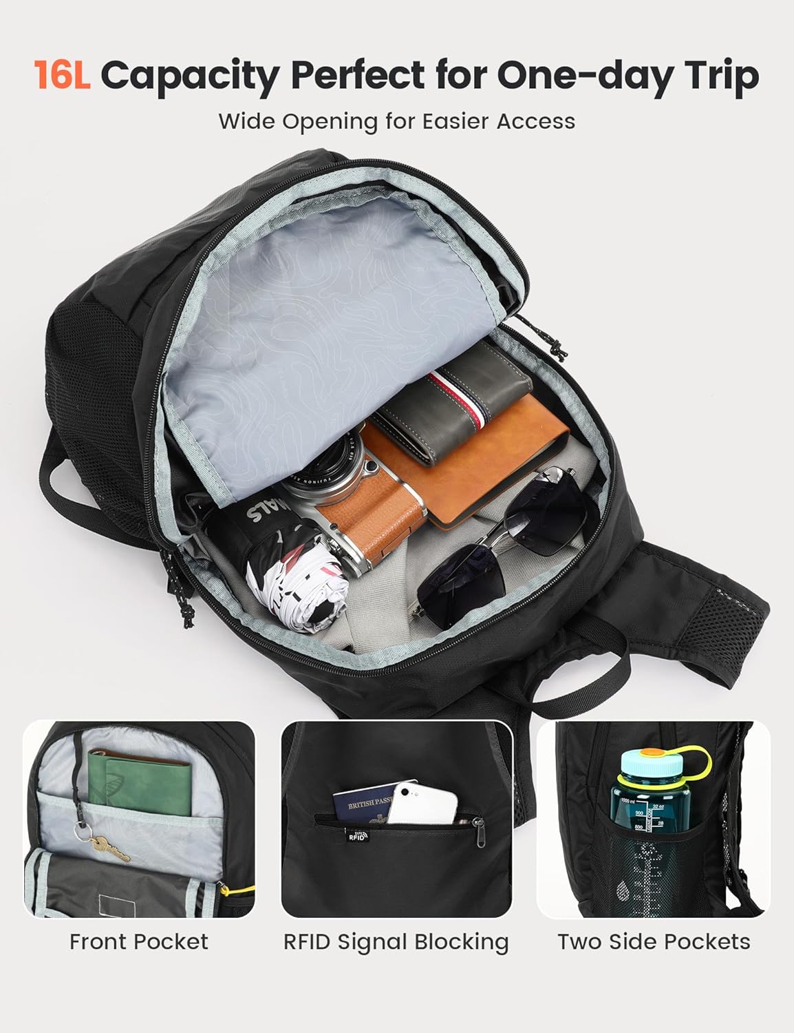 SKYSPER 16L Hiking Backpack Lightweight Small for Women Men, Foldable Packable Daypack - Travel Camping Backpack, Outdoor Hiking Bag （Black）