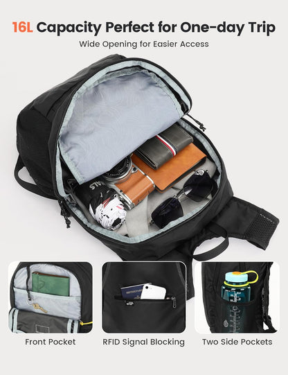 SKYSPER 16L Hiking Backpack Lightweight Small for Women Men, Foldable Packable Daypack - Travel Camping Backpack, Outdoor Hiking Bag （Black）