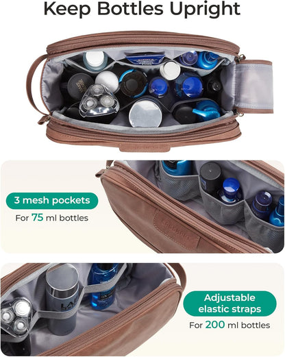 BAGSMART Toiletry Bag for Men, PU Leather Travel Bag for Toiletries, Dopp Kit Water Resistant Shaving Bag for Bathroom Shower-Light Brown