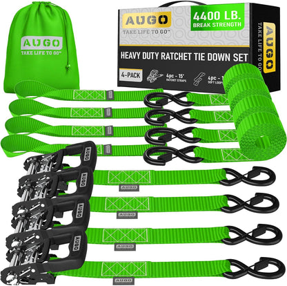 AUGO Heavy Duty Ratchet Straps & Soft Loops – Pack of 4 Extra Strong 1.5” by 15’ Ratchet Straps w/S-Hook Safety Latches & 4 Soft Loop Tie Downs – 4400Lb Break Strength for Motorcycles, ATVs, Etc.