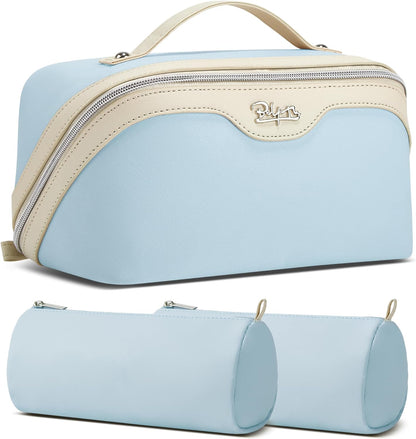 BOYATU Travel Makeup Bag Organizer Cosmetic Bag: 3 Pcs Set Make up Bags for Women with Handle - Waterproof Vegan Leather Toiletry Bags with Comparments (D-05-Blue)