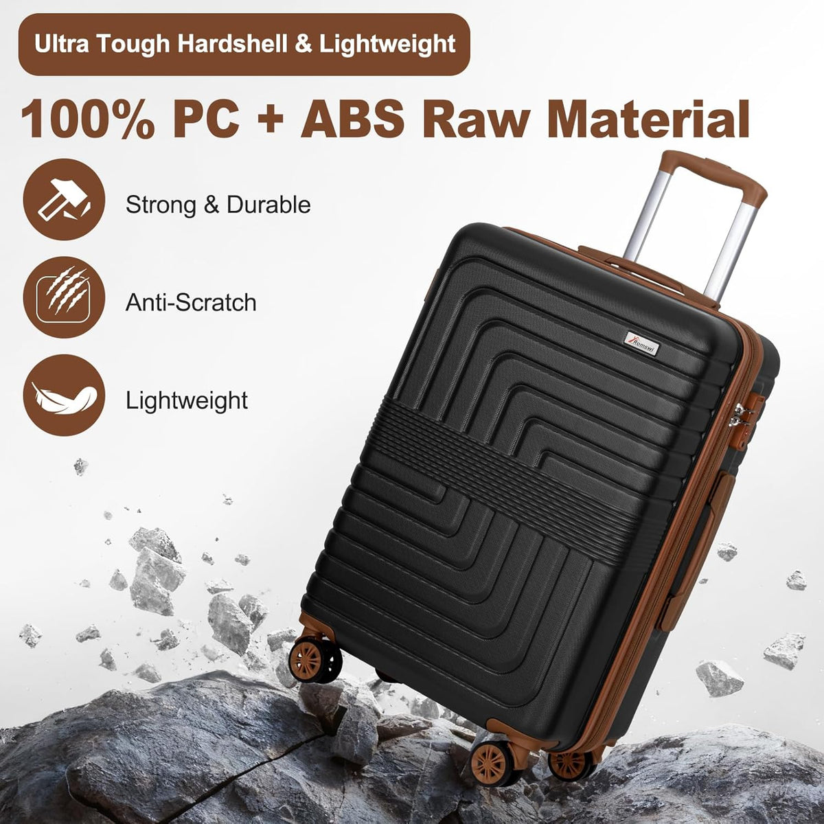 Romswi Luggage Sets 3 Piece Expandable PC+ABS Suitcases, Durable Hardshell Lightweight Suitcase Set with TSA Lock Dual Spinner Wheels, 21/24/28 Inch,Black