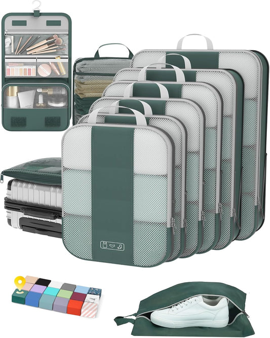 10 Set Compression Packing Cubes for Travel Essentials,Compressible Expandable Packing Cubes for Suitcase,OlarHike Luggage Organizer Bags for Travel,Handy Helper for Organizing Clothes(Dark Green)