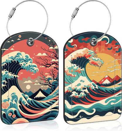 Japanese Style Ocean Wave Sun Leather Luggage Tag for Suitcase 2 Pack Luggage Tag with Privacy Name ID Label and Stainless Steel Loop for Travel Bag Suitcase