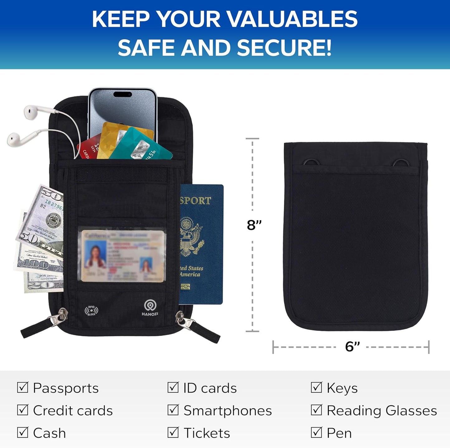 Travel Neck Wallet – Travel pouch and RFID Blocking Passport Holder for Women and Men - Slim Travel Wallet to Keep Your Cash, Passport, Credit Cards Safe. Easy to Conceal Passport Wallets.