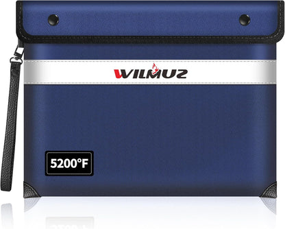 5200°F Heat Insulated Fireproof Document Bag with Zipper,13.9”x10.6” Water Fire Proof Pouch with Reflective Strip,8 Layers of Protective Materials Fireproof Money Bag for Cash,Jewelry(Blue)