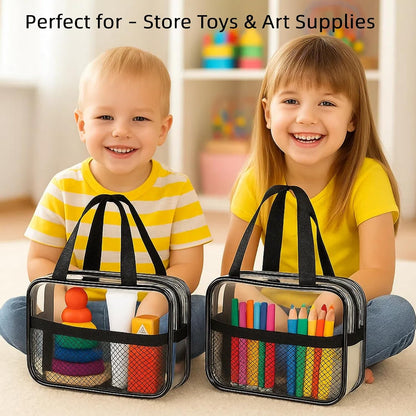 XEWEA 2PCS Small TSA Approved Clear Travel Toiletry Bags for Men Women,Transparent Makeup Cosmetic Bag with Handle,Waterproof PVC Quart Organizer Storage Pouch for Toiletries Airline Essential, Balck