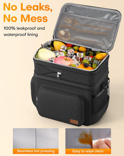 HOTOR Lunch Box for Men and Women - Leak-Proof Insulated Lunch Cooler Bag with Adjustable Strap, Multiple Pockets for Office, Picnic, Hiking, Beach, 2 Layer, 32L, Black, 14.6" x 10.7" x 13.0"