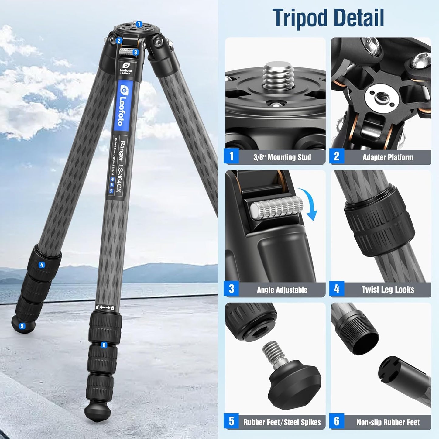 58" Carbon Fiber Tripod, Lightweight Travel Compact Tripod for Mirrorless Camera, DSLR, 4-Sections with Max Tube Dia 36mm, Load Up to 55lbs/25kg (LS-364CX)