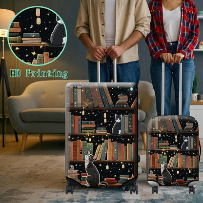 Luggage Cover + Tag, Cat Library Travel Suitcase Protector for 18-20 inch Luggage (S) with Concealed Zipper, Washable Elastic Cloth, Dustproof, Anti-Scratch