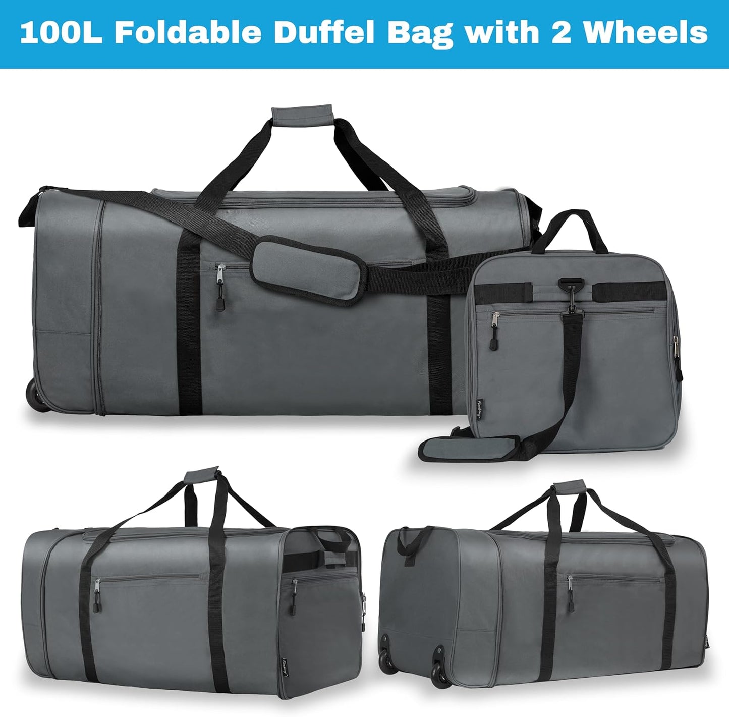 Finnhomy 100L Foldable Rolling Duffel Bag with 2 Wheels, Light Weight Travel Duffel bag with Large Loading Capacity, 32 inch Rolling Duffel bag with Shoulder Strap for Travel Camping Sports, Grey